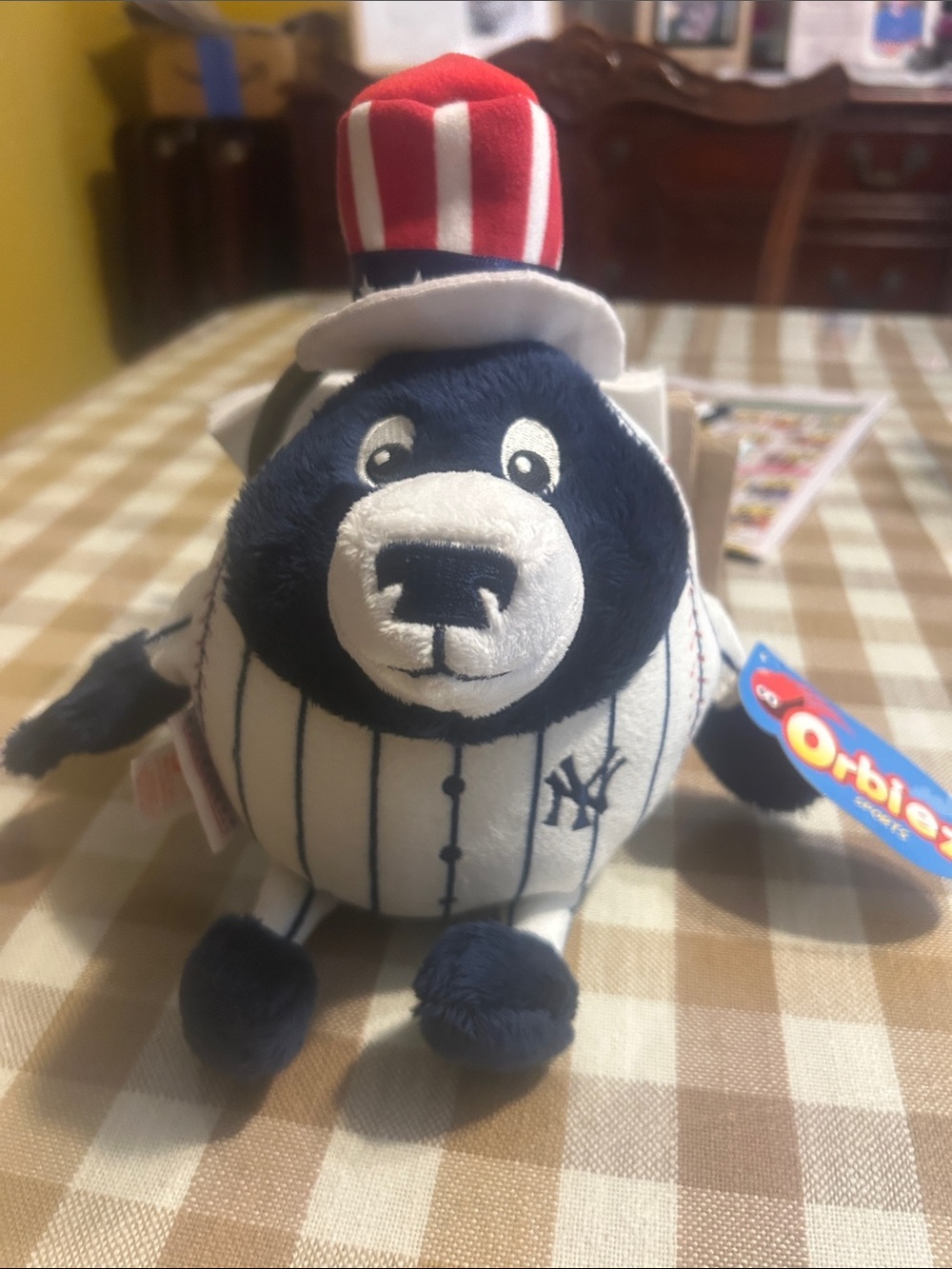 Blue & White Baseball Bear Plush with Red Striped Hat - NY Logo